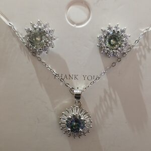 Mystic colored moissanite earrings and necklace set in .925 silver